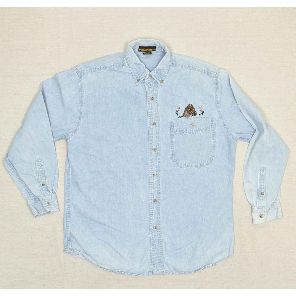 Peregrine Bay Women Denim Button Top Long Sleeve Cotton Blue Size S Horse Hole